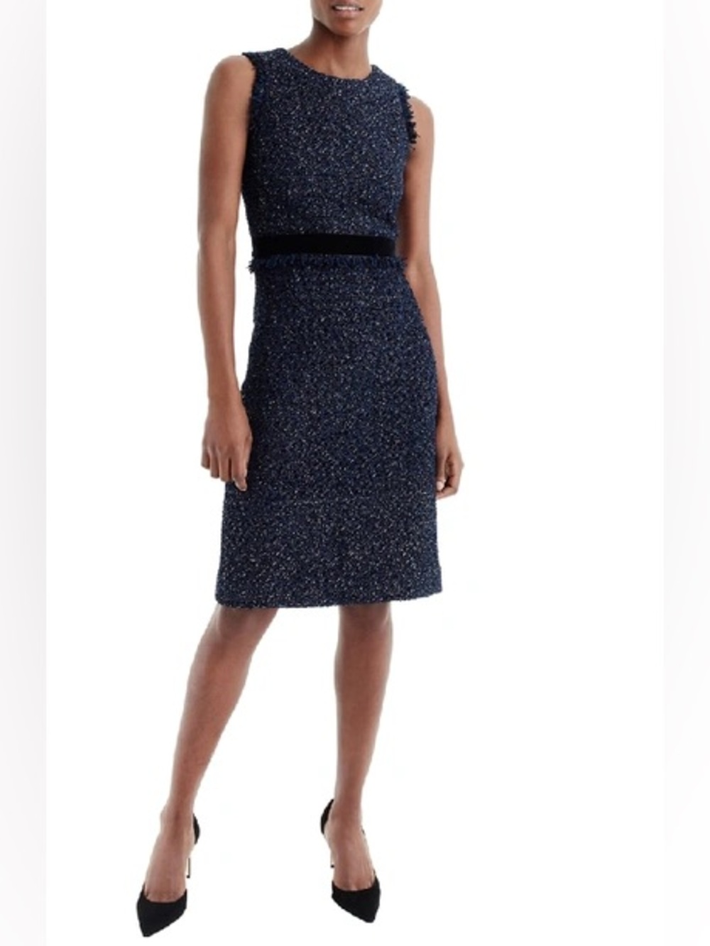 J. Crew Sparkle Sleeveless Navy Tweed Fringe Sheath Dress Velvet Trim